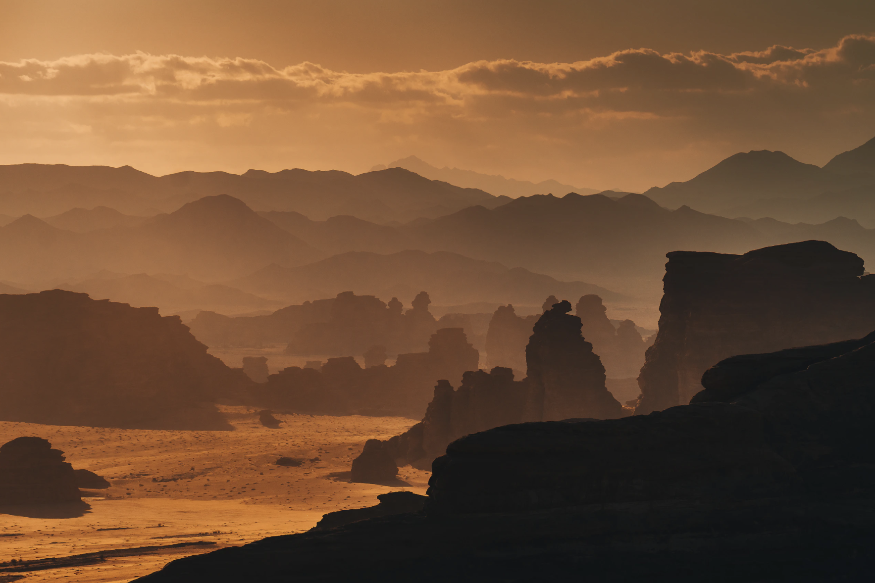 Sunrise over mountains and rocks